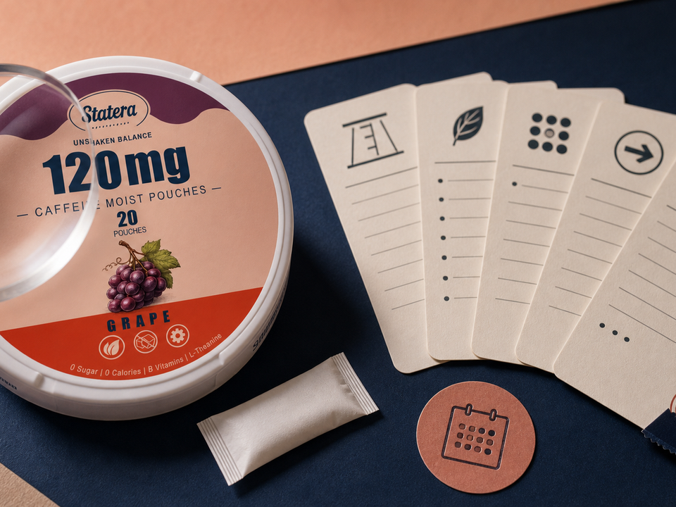 STATERA Grape 120mg caffeine pouch can and one loose oral pouch beside a magnifying glass and formula comparison cards