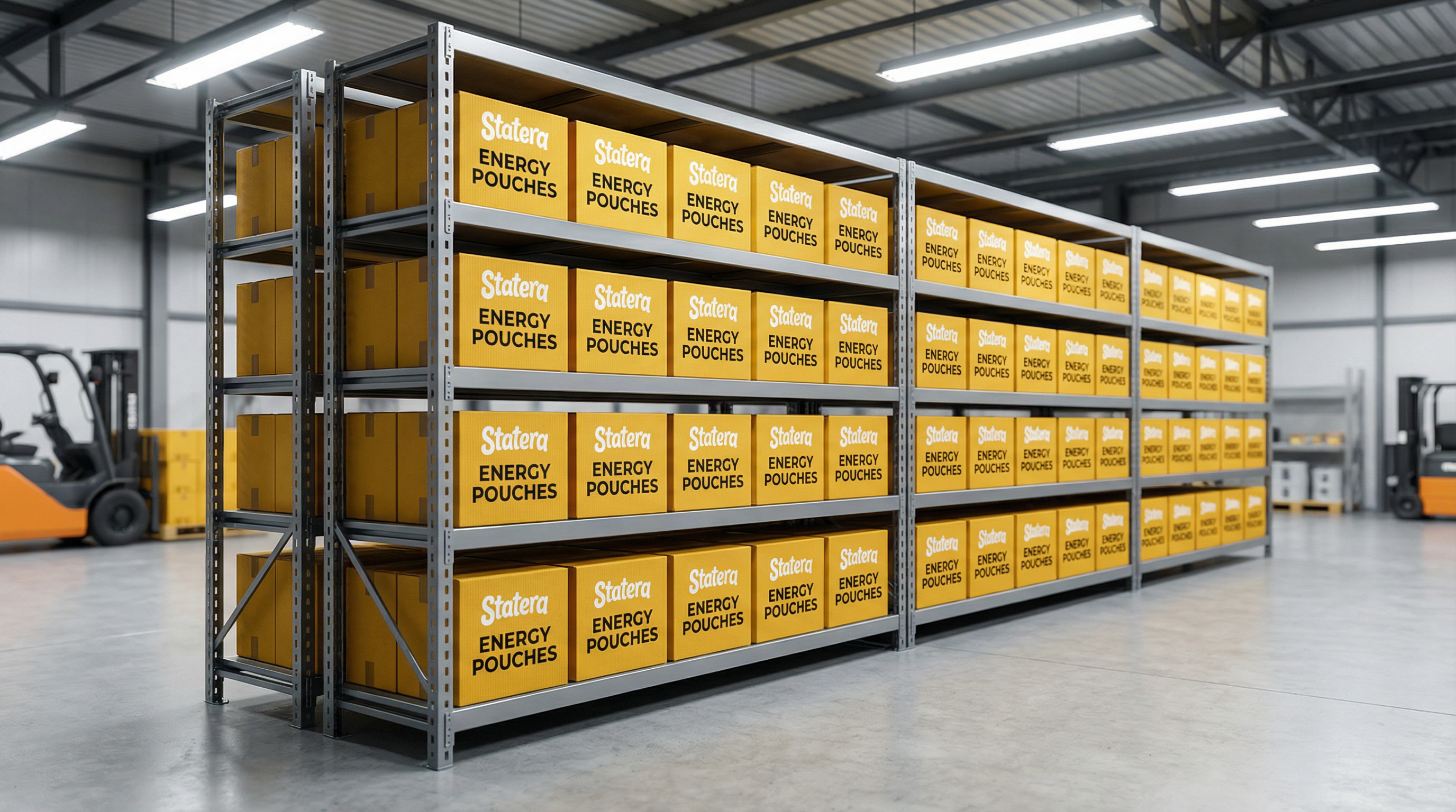 A modern, pristine distribution warehouse shelf neatly stocked with industrial yellow bulk shipping boxes labeled with the Statera logo and ENERGY POUCHES