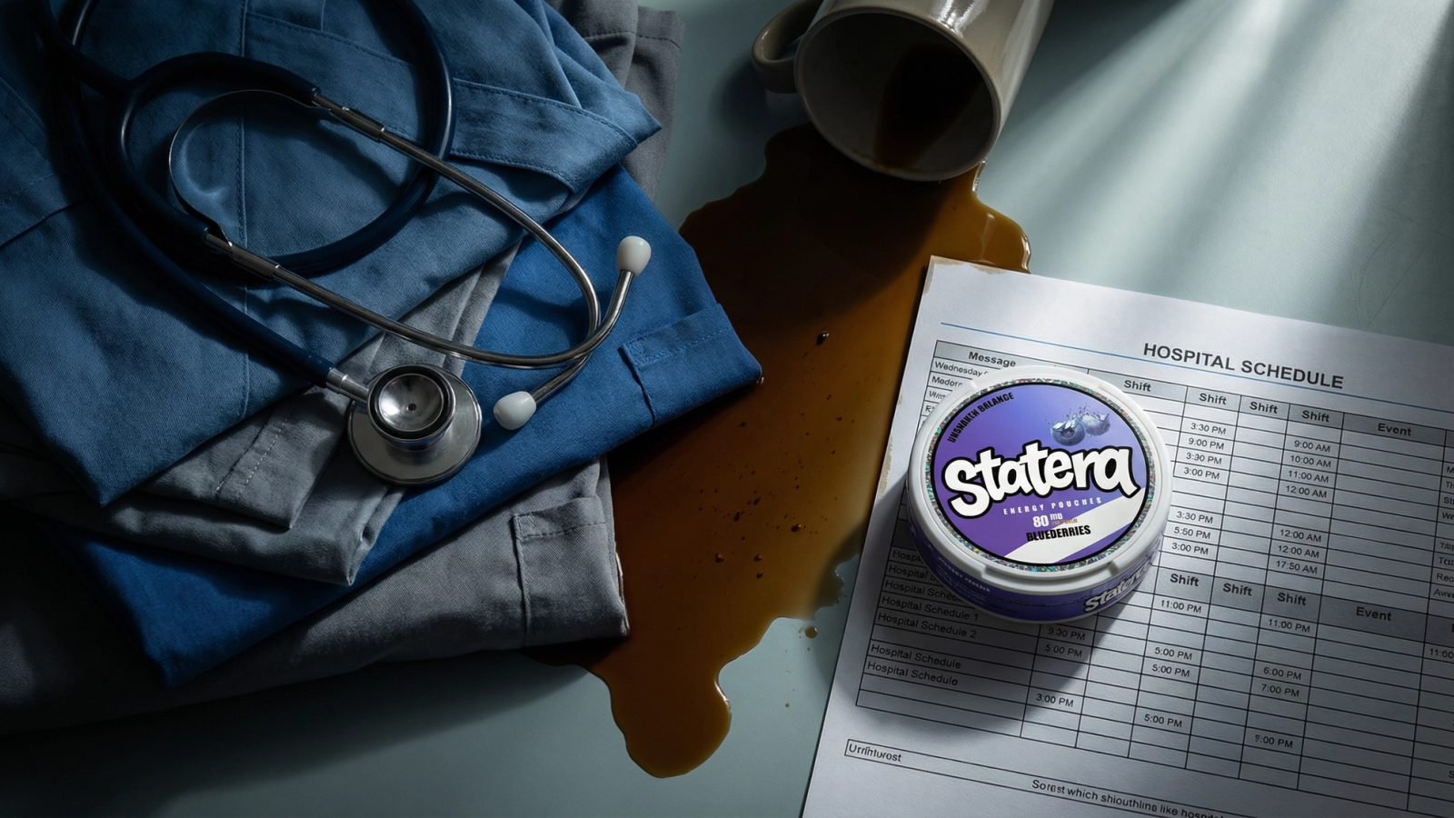 Adult night-shift worker reviewing a caffeine label during a scheduled break