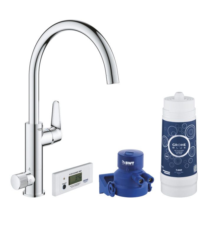 GROHE Комплект смесител едноръкохватков за кухня и филтърна система Blue Pure BauCurve