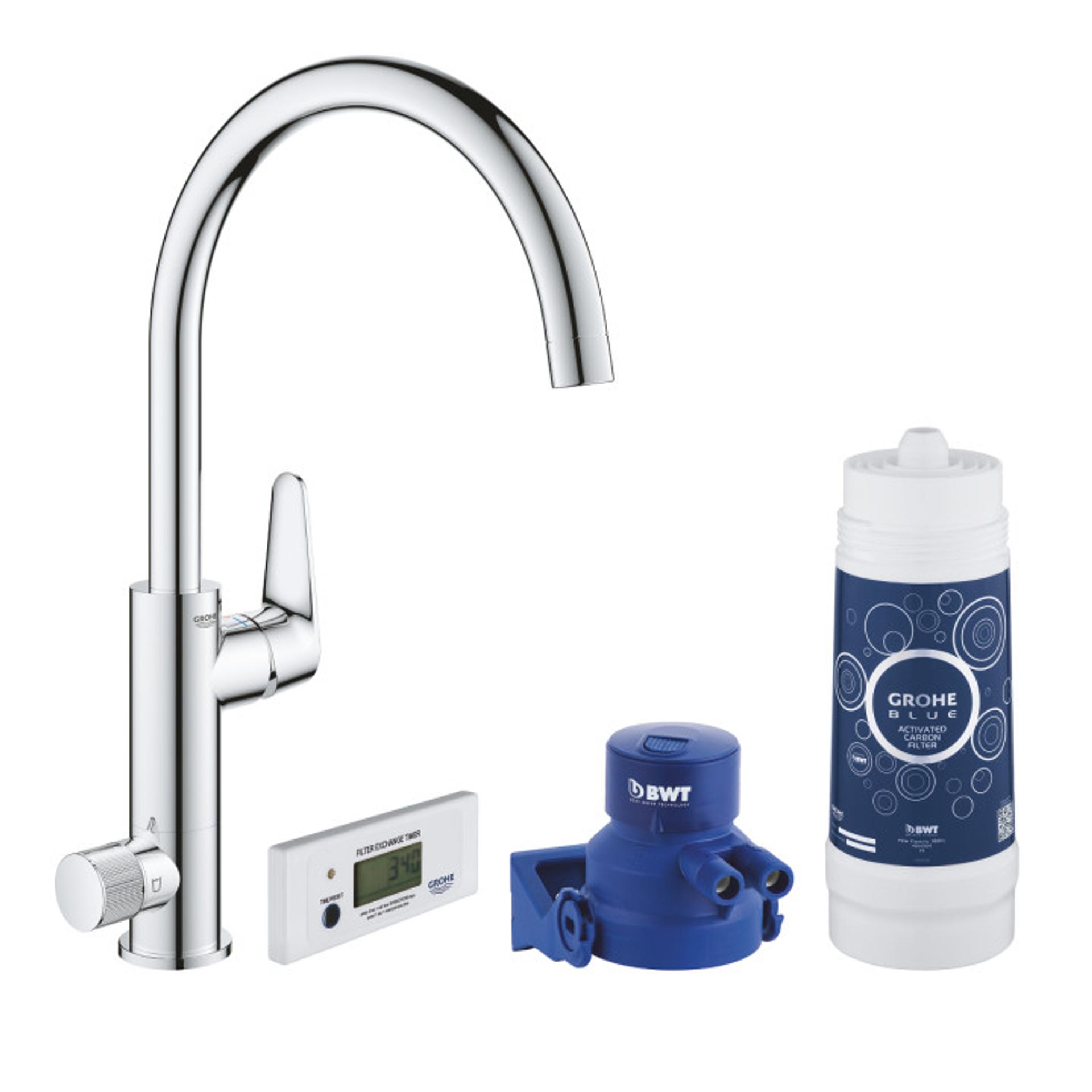 GROHE Комплект смесител едноръкохватков за кухня и филтърна система Blue Pure BauCurve