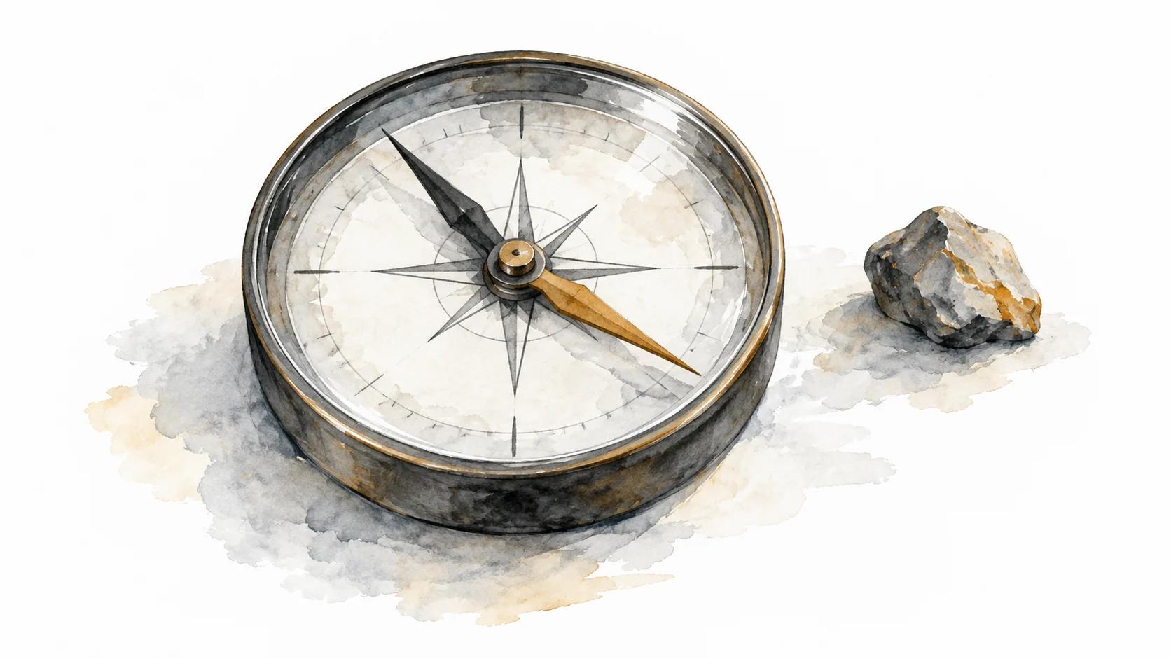 Deux aiguilles de boussole indiquent des directions différentes près d’une pierre de référence.