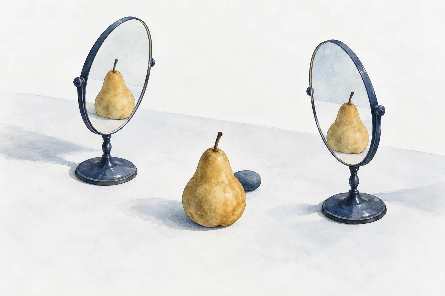Deux miroirs reflètent une poire ; une petite pierre bleue derrière elle reste hors de leurs reflets.
