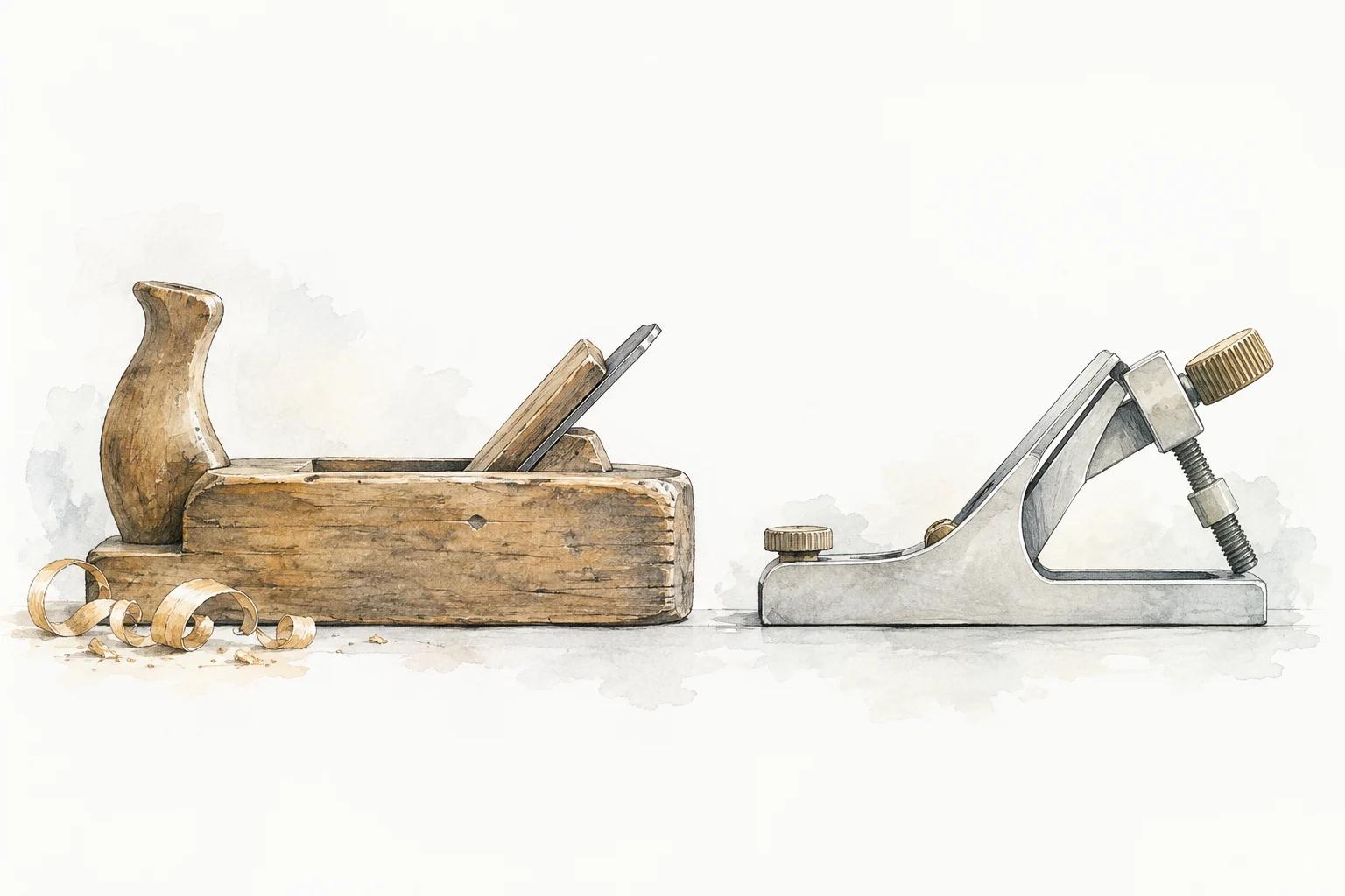 A worn wooden plane lies beside an adjustable metal plane.