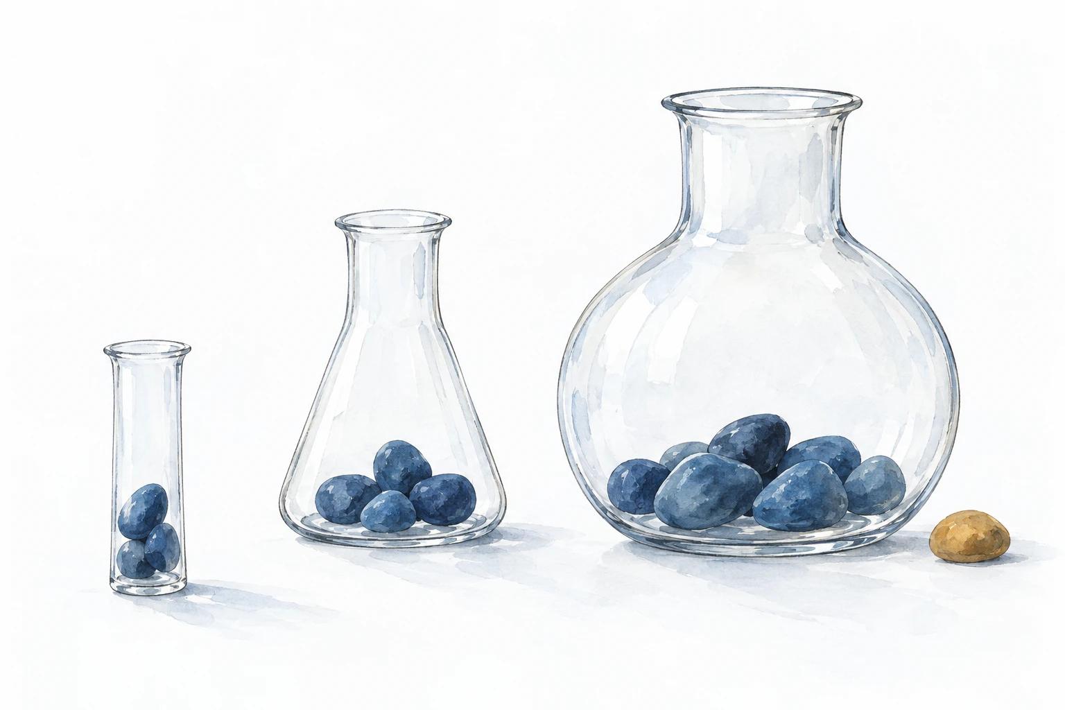 Trois récipients en verre de tailles différentes contiennent des pierres bleues ; une pierre ocre est posée à côté.