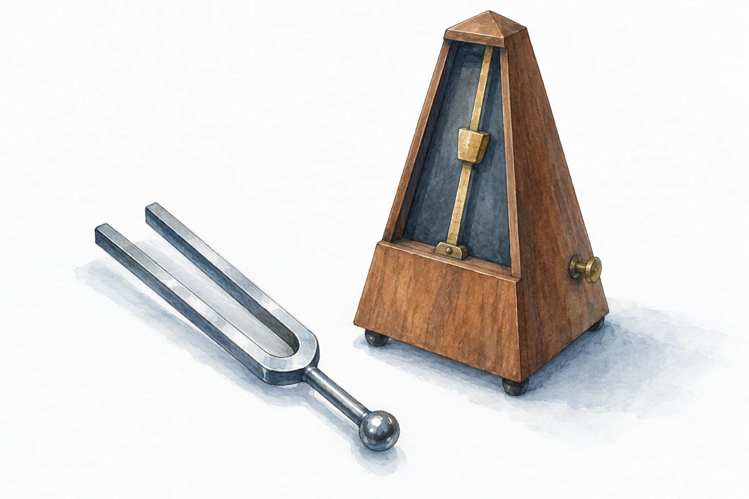 A steel tuning fork lies beside a wooden metronome with a brass-coloured pendulum.