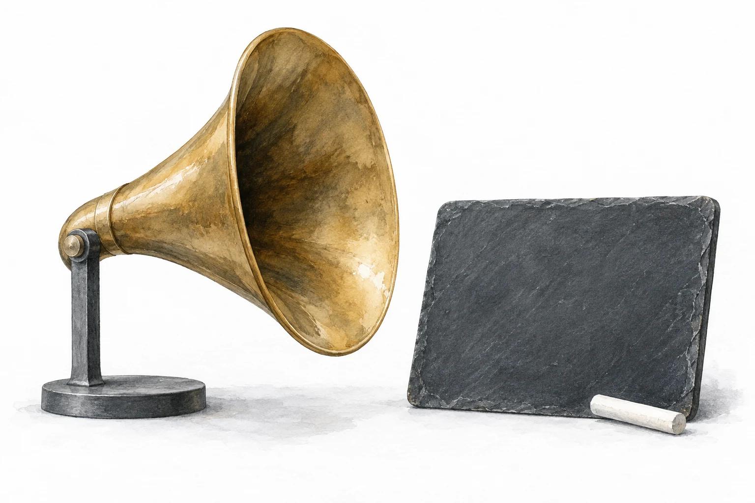 A brass acoustic horn stands beside a blank slate board and a piece of chalk.
