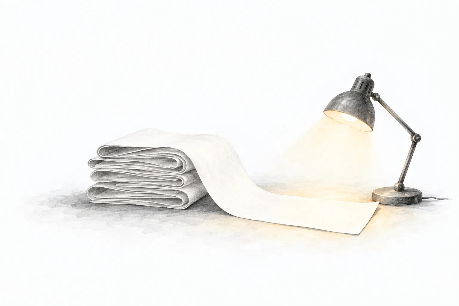 Eine Schreibtischlampe beleuchtet das Ende eines langen, zu einem Stapel gefalteten Papierbands.