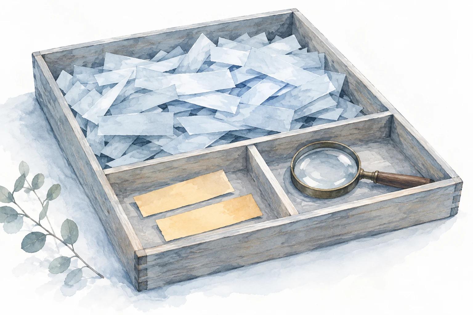 A sorting tray with many blue slips, two selected yellow slips and a magnifying glass.