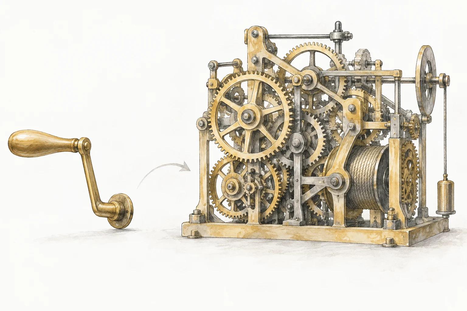 A small crank lies beside the extensive mechanism it drives.