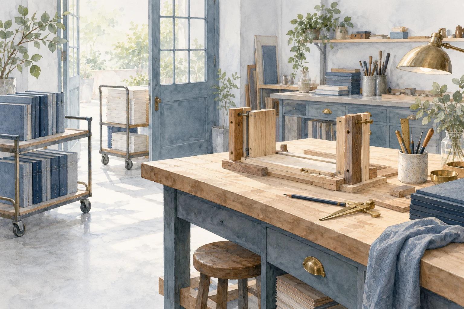 A bookbindery with an unfinished wooden jig on the workbench and two trolleys holding bound books and loose sheets.