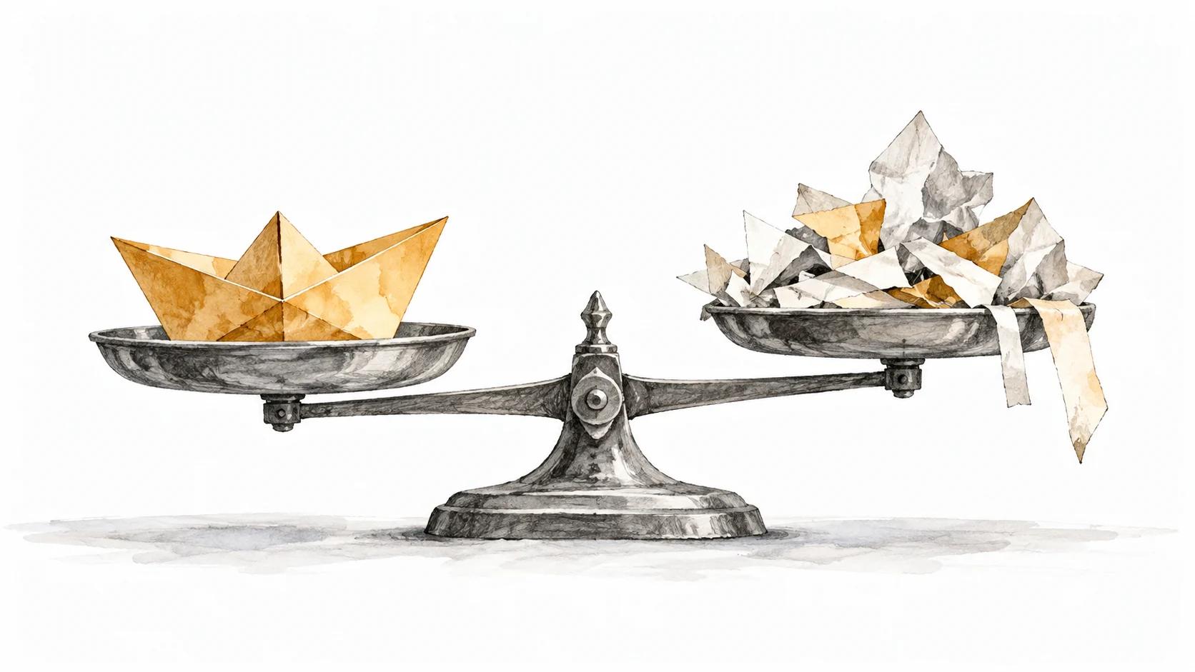 Une balance compare un bateau en papier terminé à des pliages et des chutes.