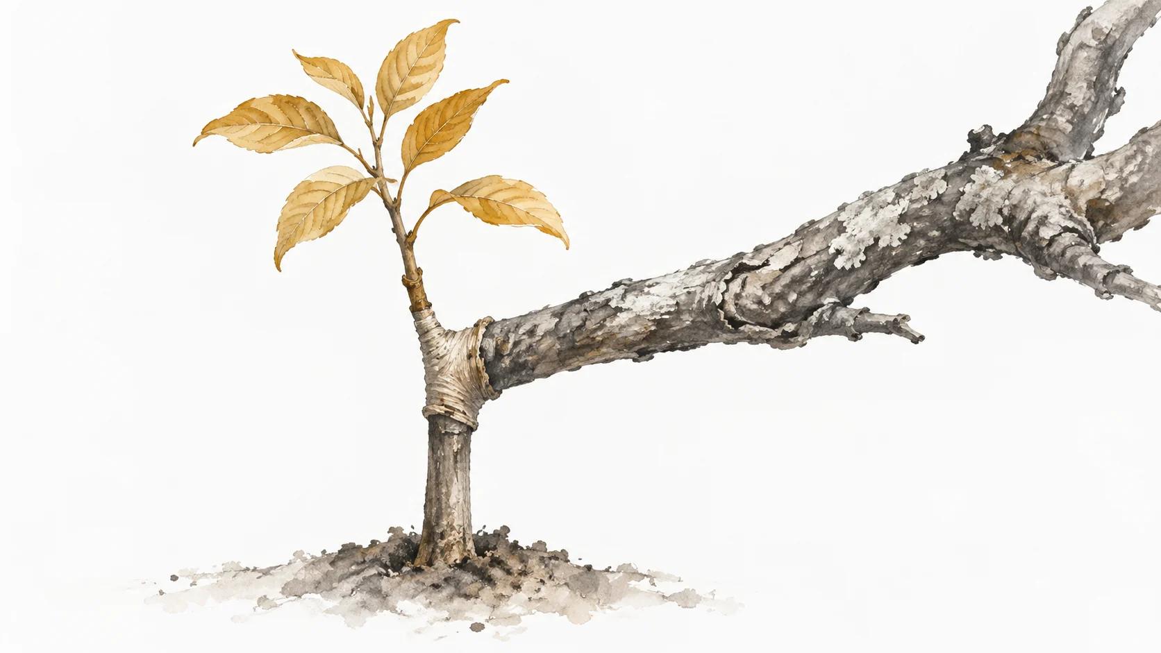 Une branche robuste est reliée à un jeune arbre par une greffe.