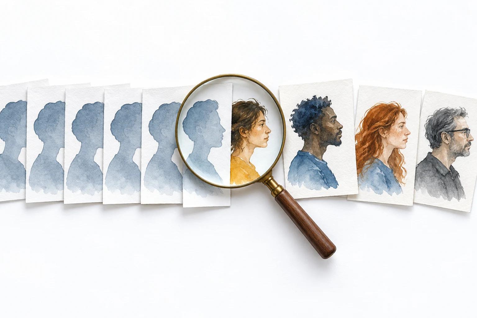 A magnifying glass over a row of similar blue silhouettes and individually painted portraits on separate cards.