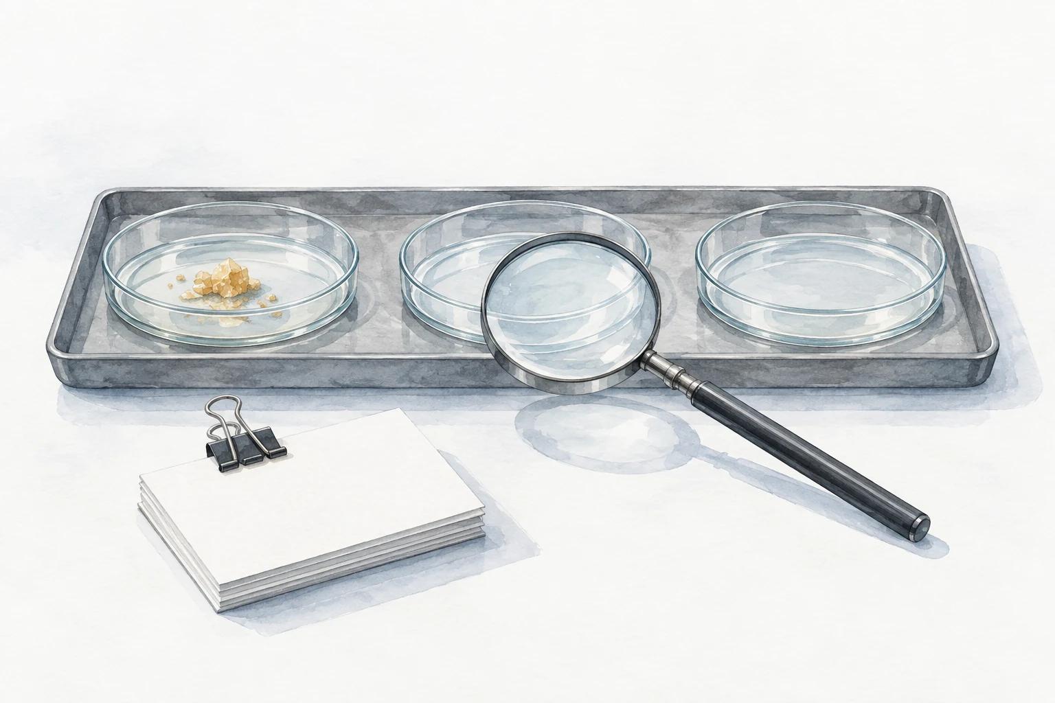 Three glass experiment dishes rest on a tray; a hand lens draws attention to a clear dish beside a stack of record cards.
