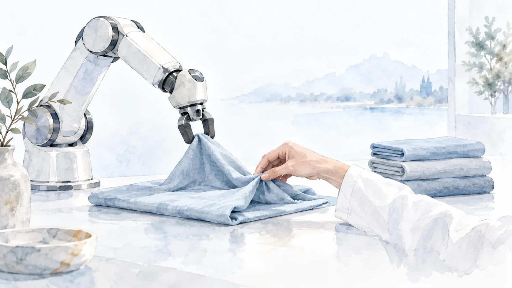 Eine menschliche Hand hilft einem Roboterarm beim Falten eines Tuchs; weitere Tücher warten daneben.