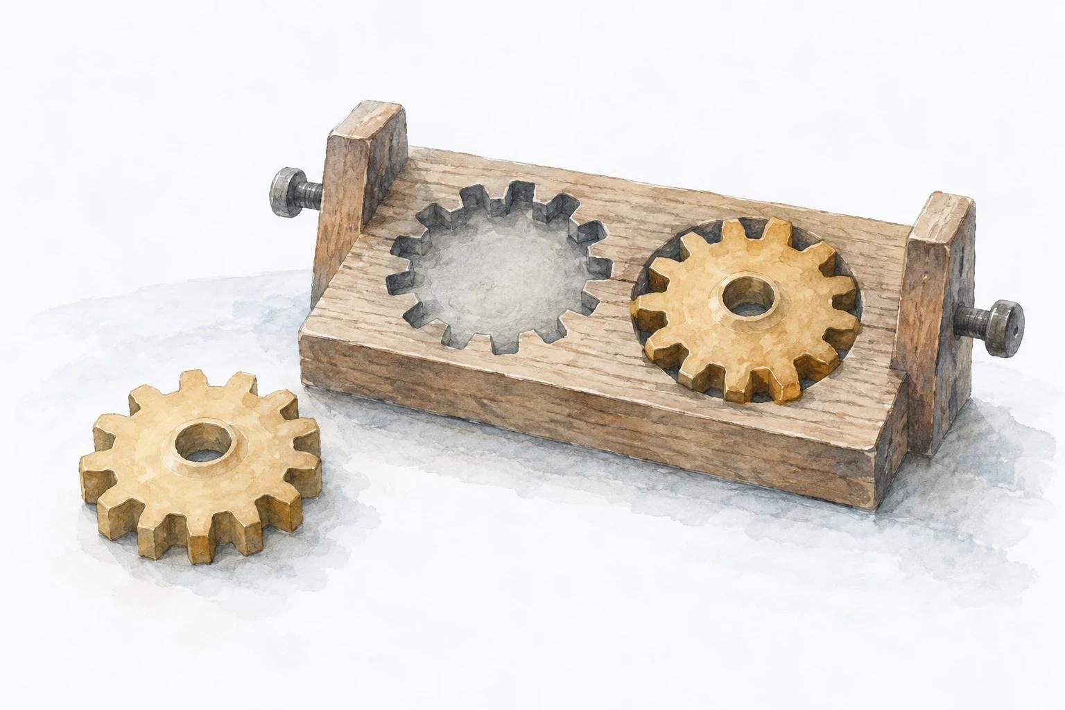 Zwei Zahnräder liegen neben und auf einer Holzlehre mit passenden Aussparungen.