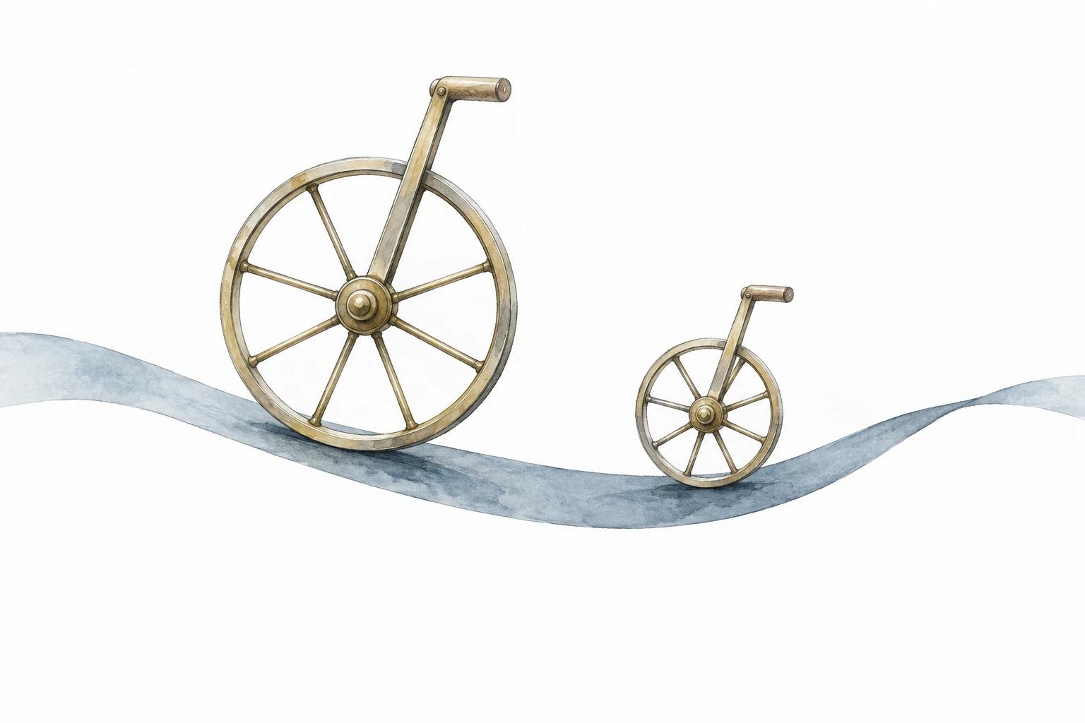 Deux roues de mesure couleur laiton, de tailles différentes, reposent sur un ruban bleu-gris.