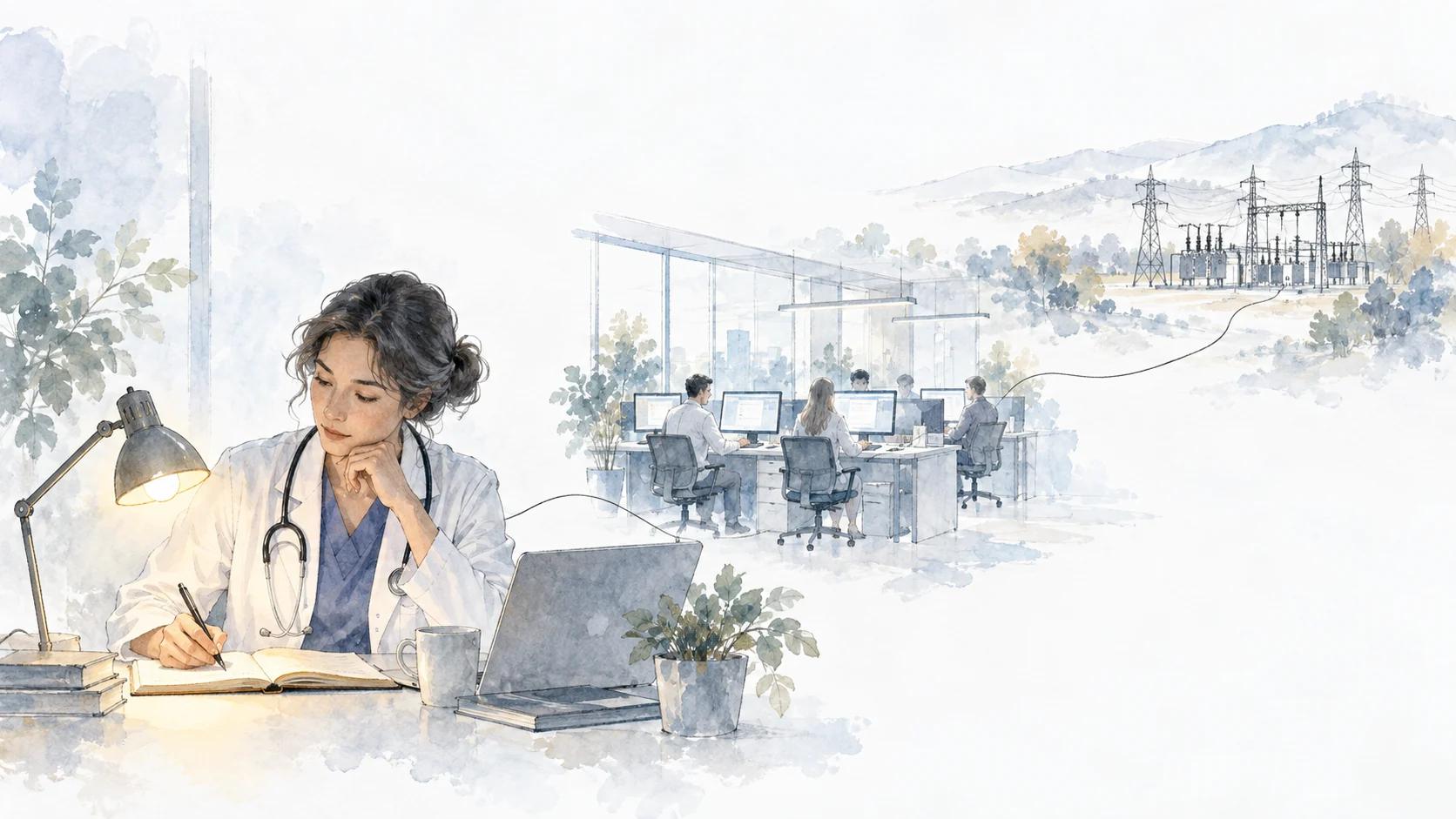 An illuminated desk, a group of workstations and a power grid show three scales of energy use.