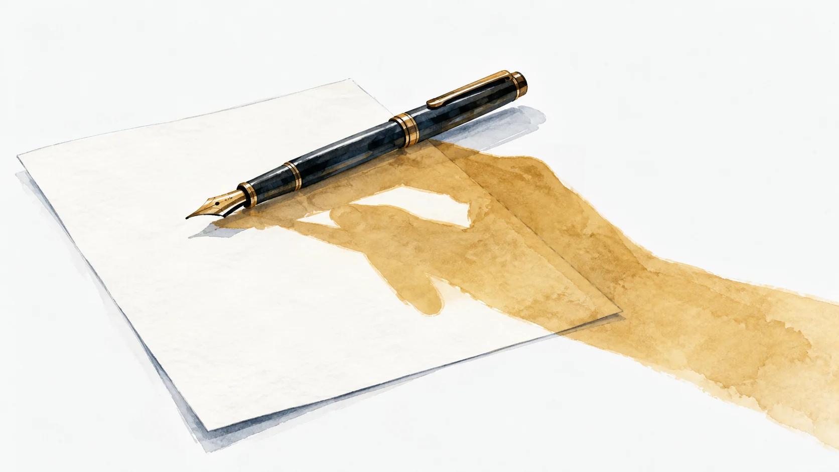 Un stylo-plume posé sur une feuille projette l’ombre d’une main qui écrit.