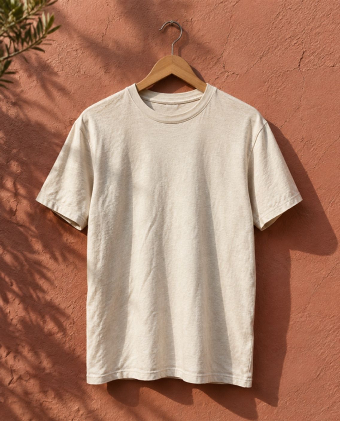 Off-white vintage tee on a hanger against a terracotta wall