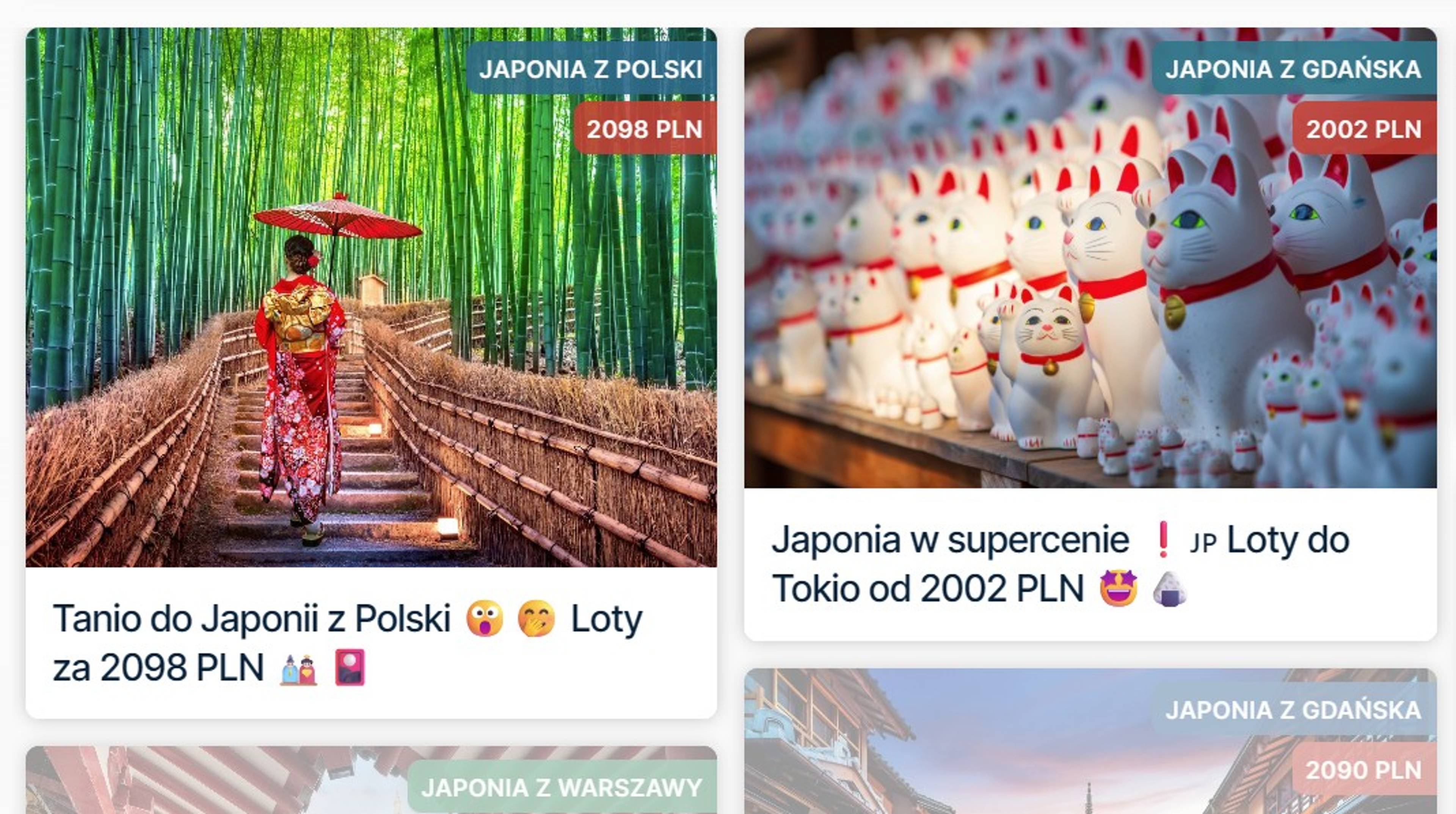 Grafika prezentująca promocyjne oferty lotów do Japonii z Polski, ze zdjęciami bambusowego lasu i figurek maneki-neko oraz cenami od około 2000 PLN.