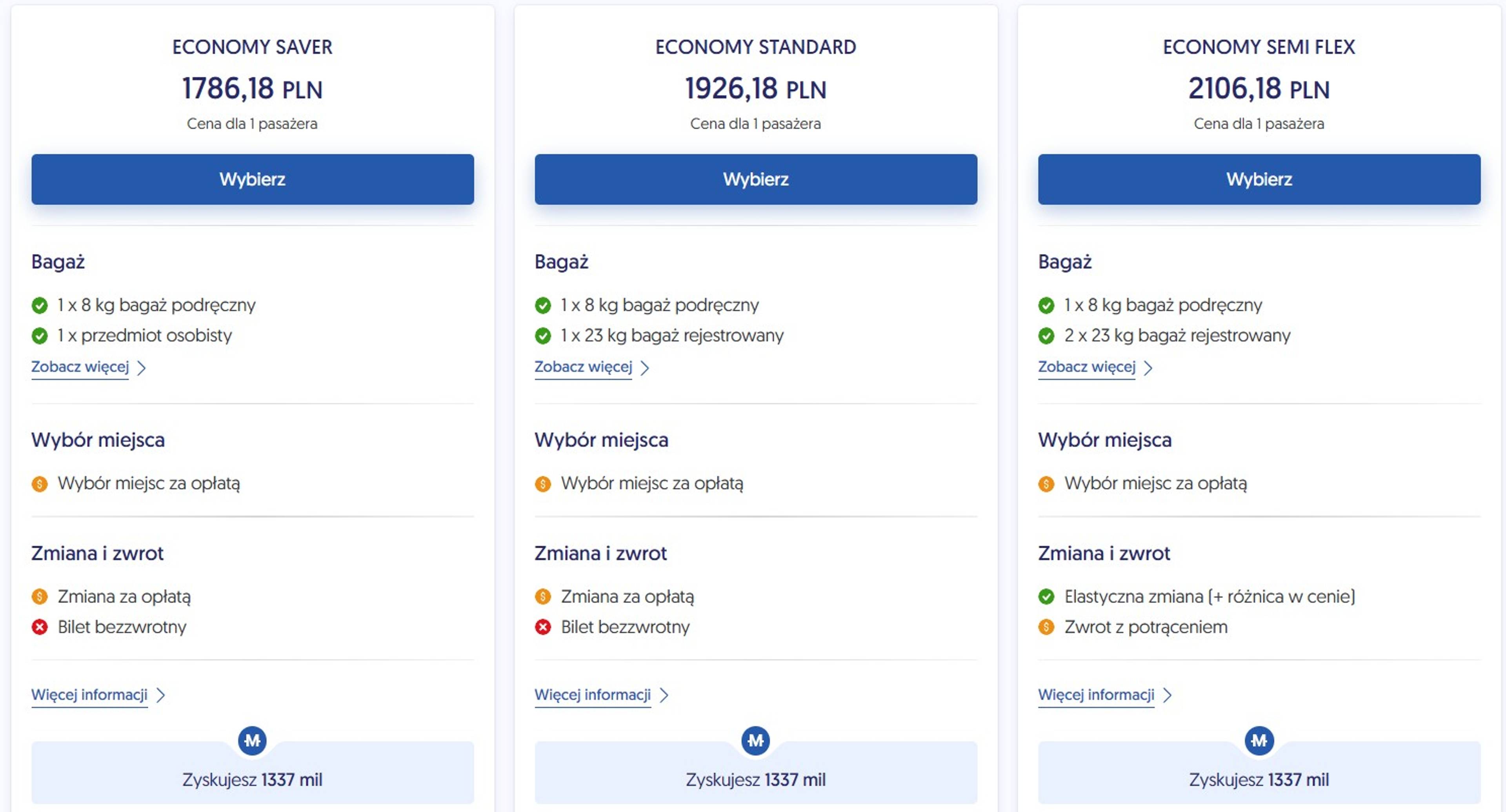Porównanie trzech taryf lotniczych Economy Saver, Economy Standard i Economy Semi Flex z informacjami o cenie, bagażu oraz możliwościach zmiany i zwrotu biletu.