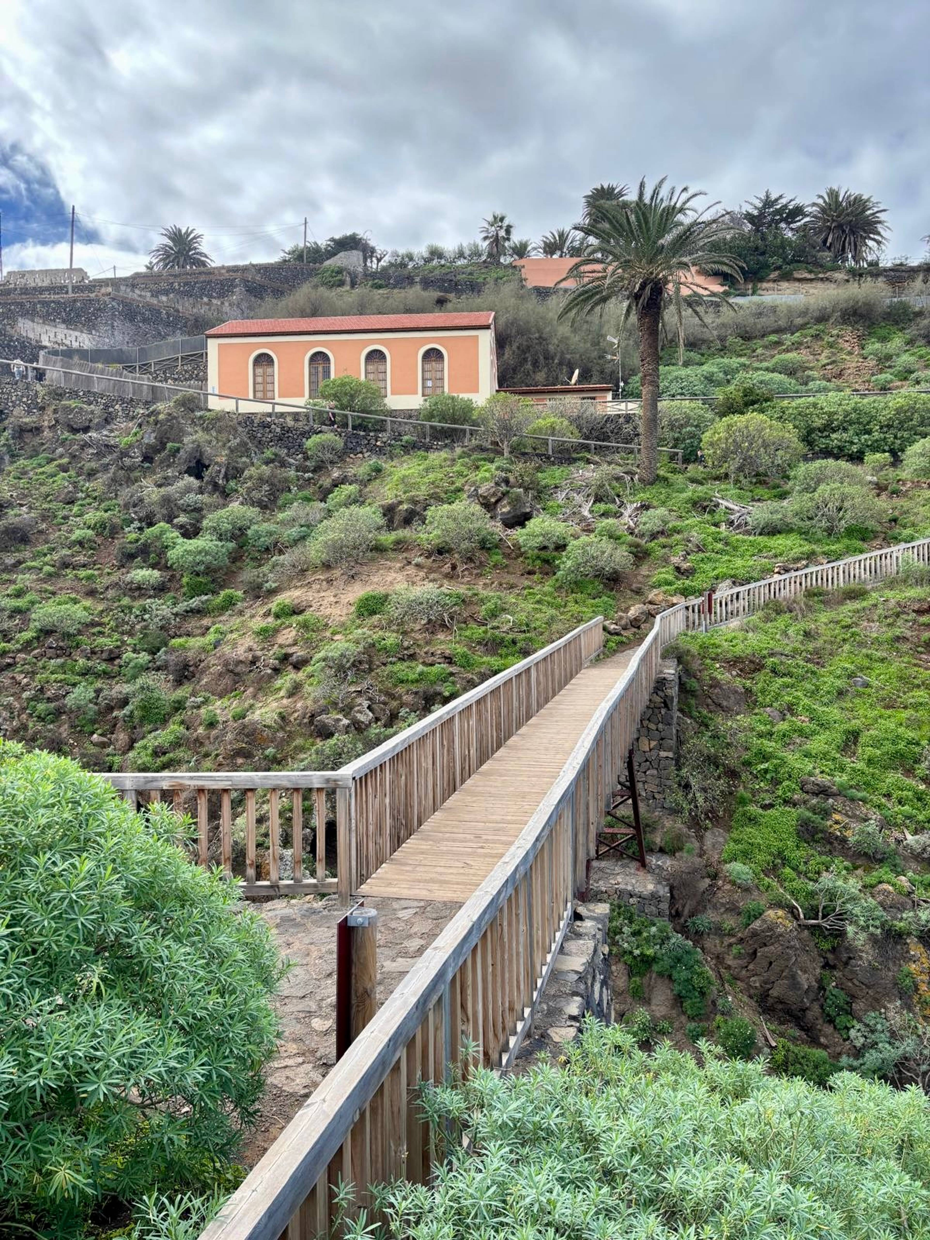 Drewniany most prowadzący przez zielony wąwóz pełen roślin, w tle widać zabudowania pomarańczowych domów. 