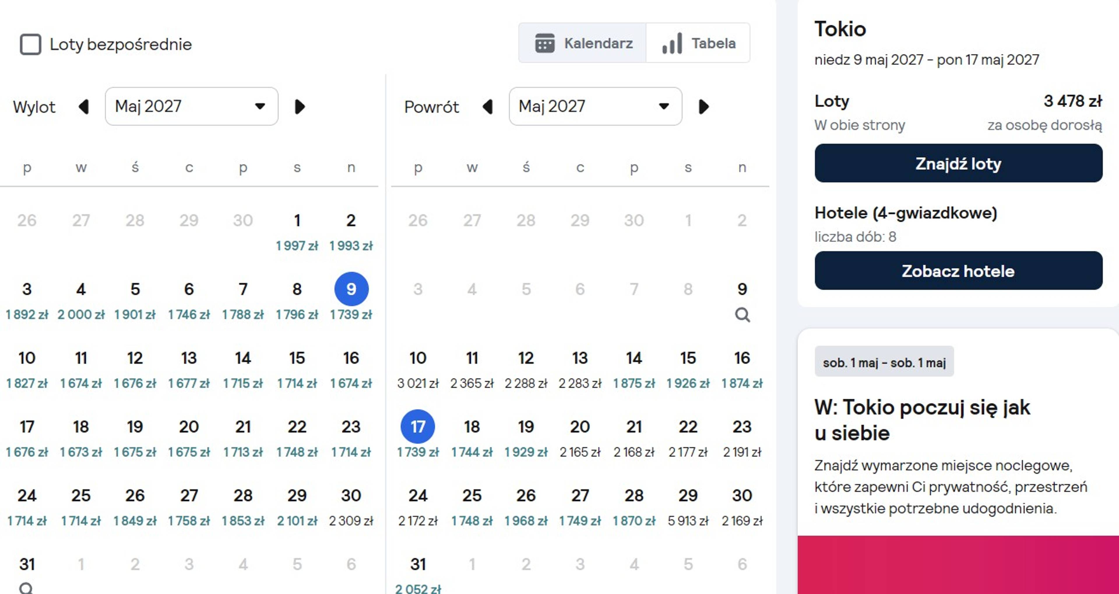 Kalendarz cen lotów z Warszawy do Tokio w maju 2027 roku, pokazujący dostępne daty wylotu i powrotu wraz z ceną za loty 3478 zł.