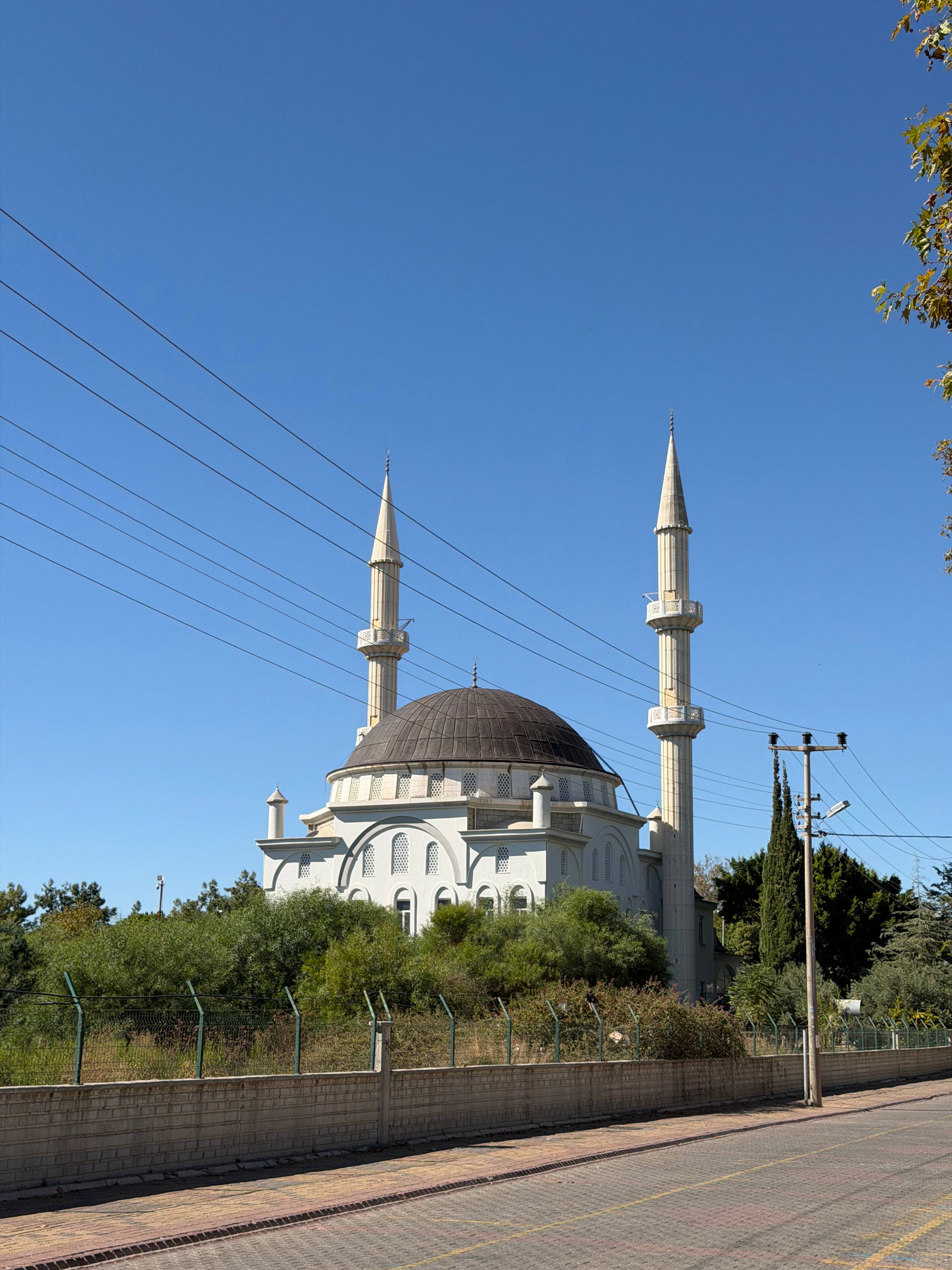 Meczet z dwoma wieżami otoczony zielenią, w tle błękitne niebo.