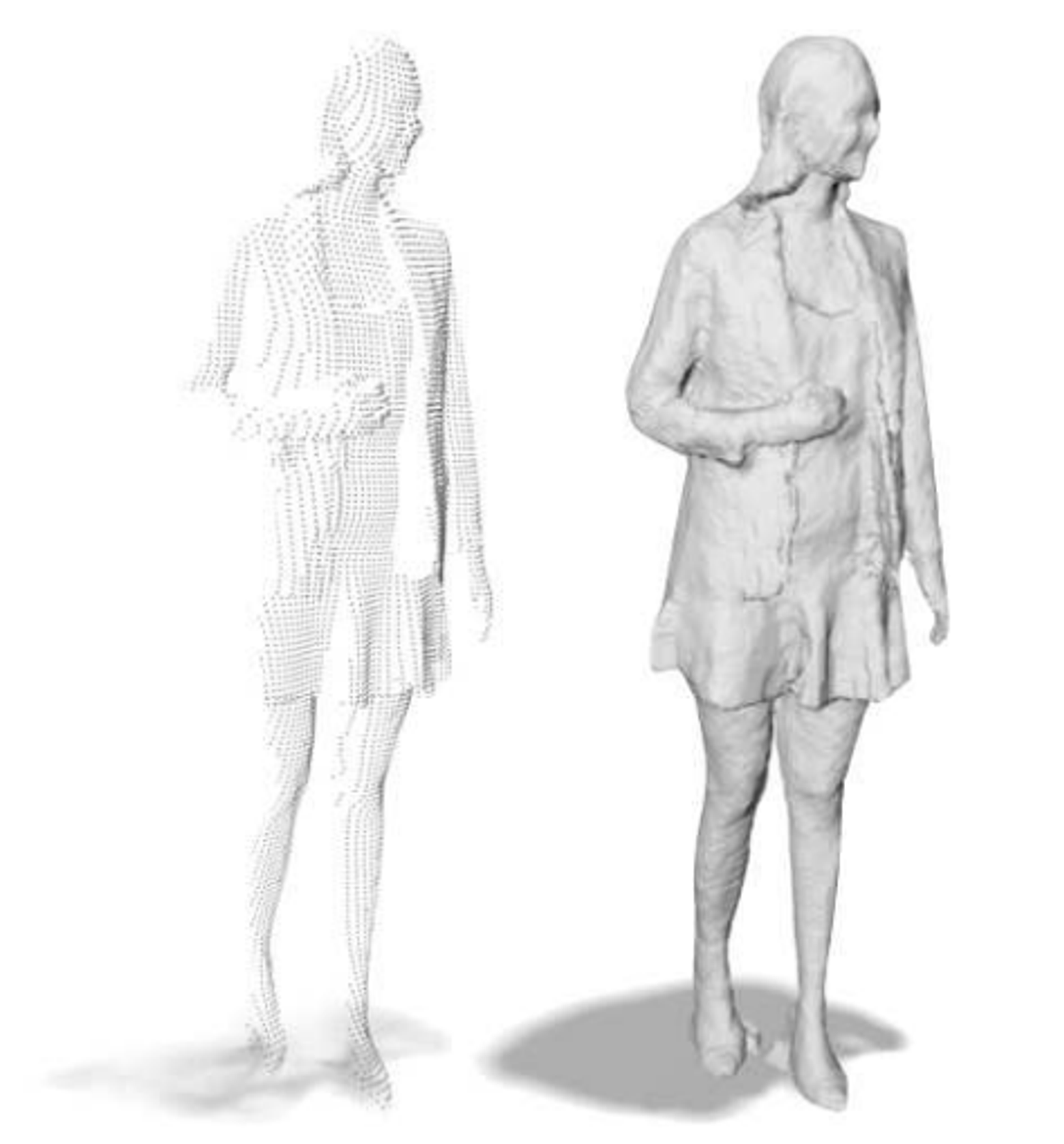 IF-Nets can reconstruct point clouds where a part is is occluded, e.g. the human's back (left), with continuous outputs (right).