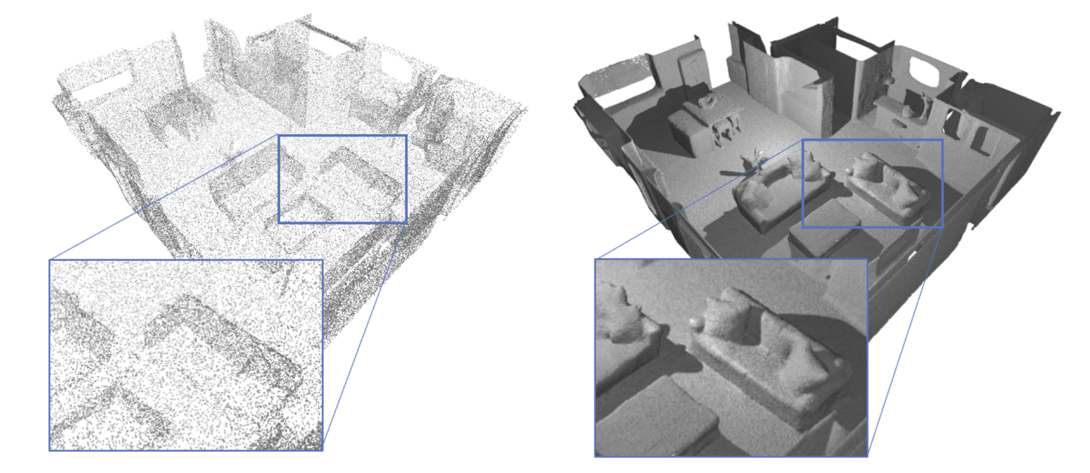 Neural Unsigned Distance Fields (NDF) can represent and reconstruct complex open surfaces. Given a sparse test point cloud (left), it generates a detailed, completed scene (right).