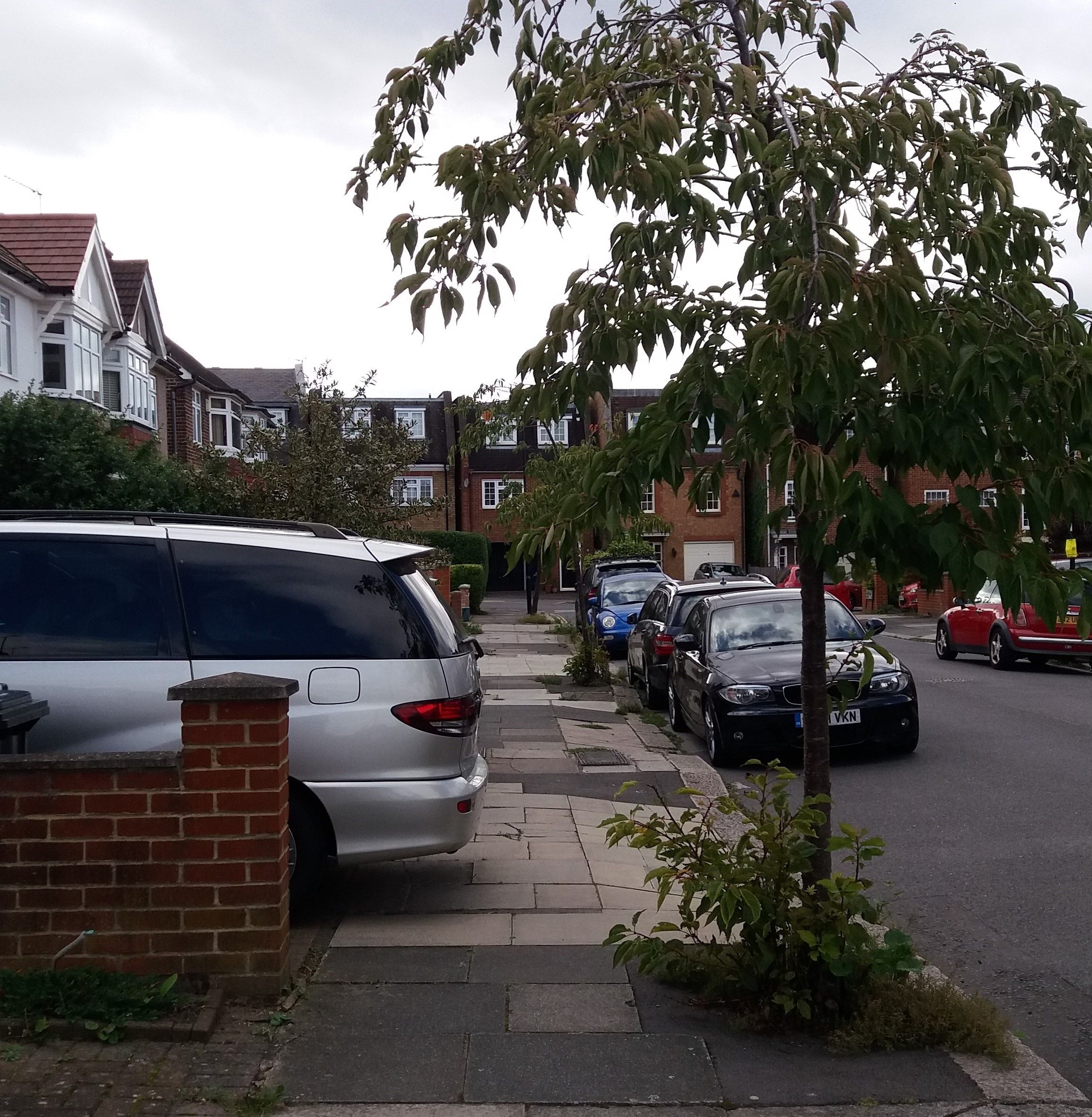 A large vehicle parked in a front garden but with its rear end overhanging the pavement. This plus the crossover means there’s very little level space for pedestrians (photo: Christine Eborall)