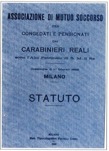 Printed cover of the statute of the mutual-aid society of Carabinieri in congedo, Milan.