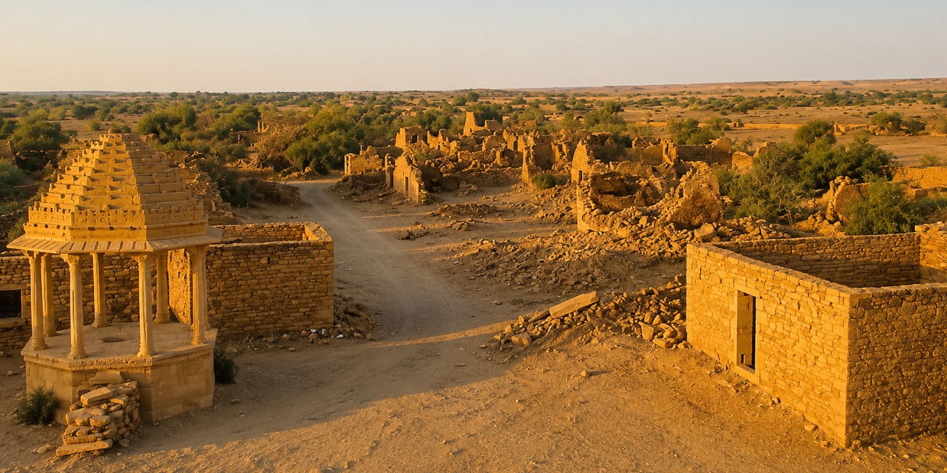 Serene Gadisar Lake water view with stone chhatris and Tilon Ki Pol gateway in Jaisalmer
