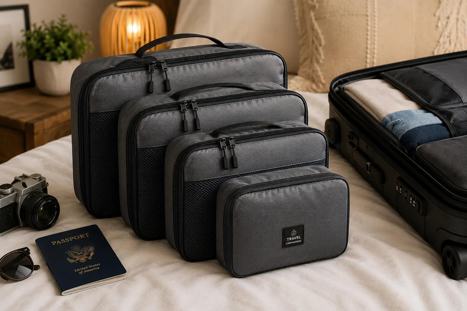 Compression packing cubes neatly arranged beside an open suitcase for organizing clothes and maximizing luggage space.