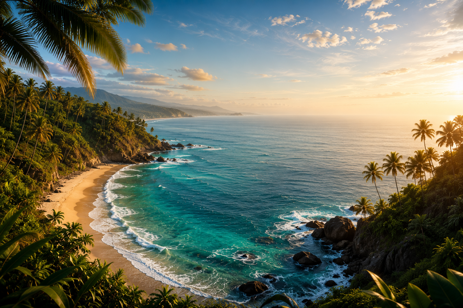 Cinematic tropical coastline in India with turquoise sea, lush palm trees and a scenic beach