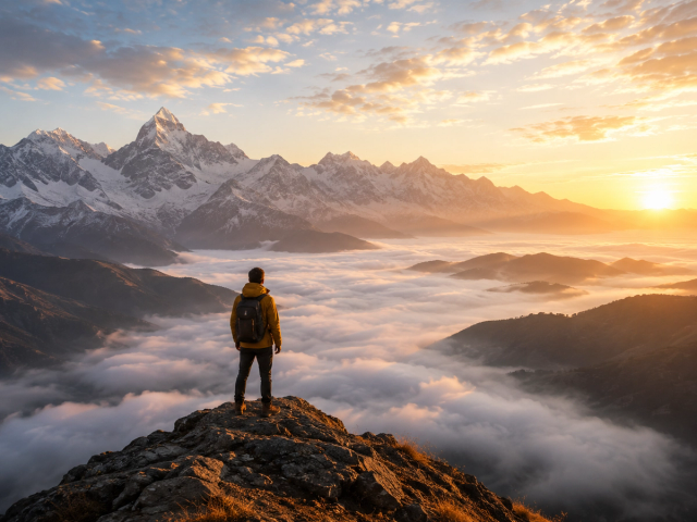 Traveler overlooking a sea of clouds and snow-covered Himalayan peaks at sunrise