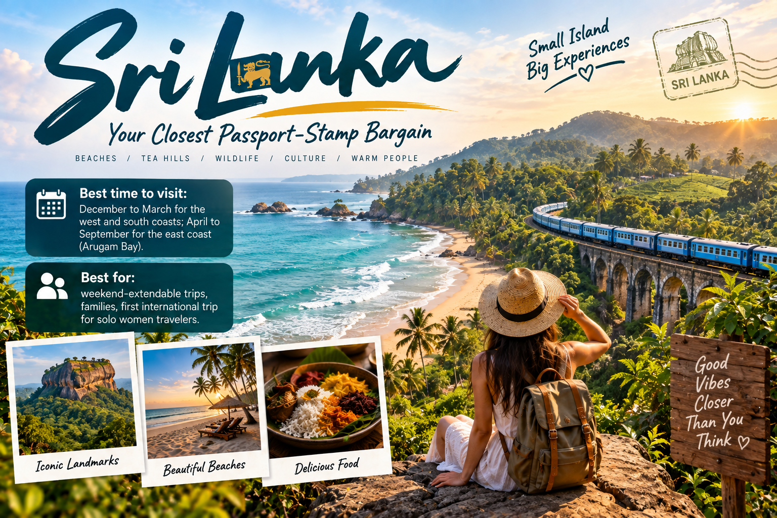 Sri Lanka travel scene featuring tropical beach, tea-covered hills, scenic railway and a traveller overlooking the coast