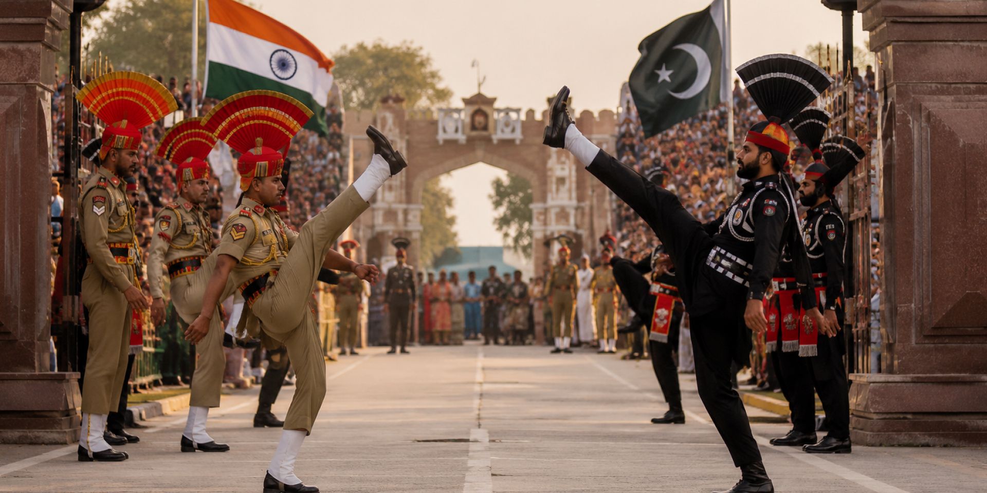 BSF personnel performing the Beating Retreat ceremony at Wagah-Attari Border near Amritsar