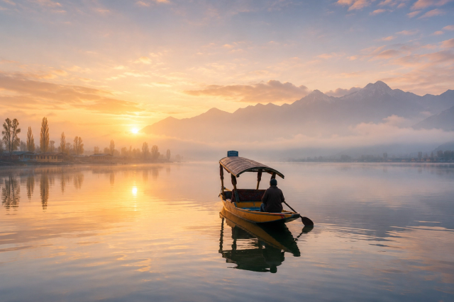 Traditional boat floating on a peaceful mountain lake during sunrise