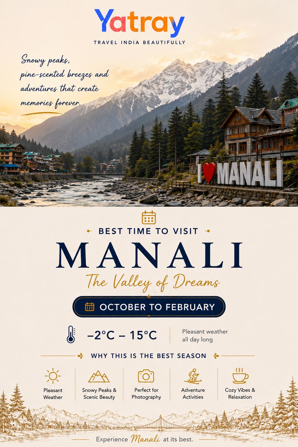 Snow-covered pine trees and mountain chalets in Manali during winter