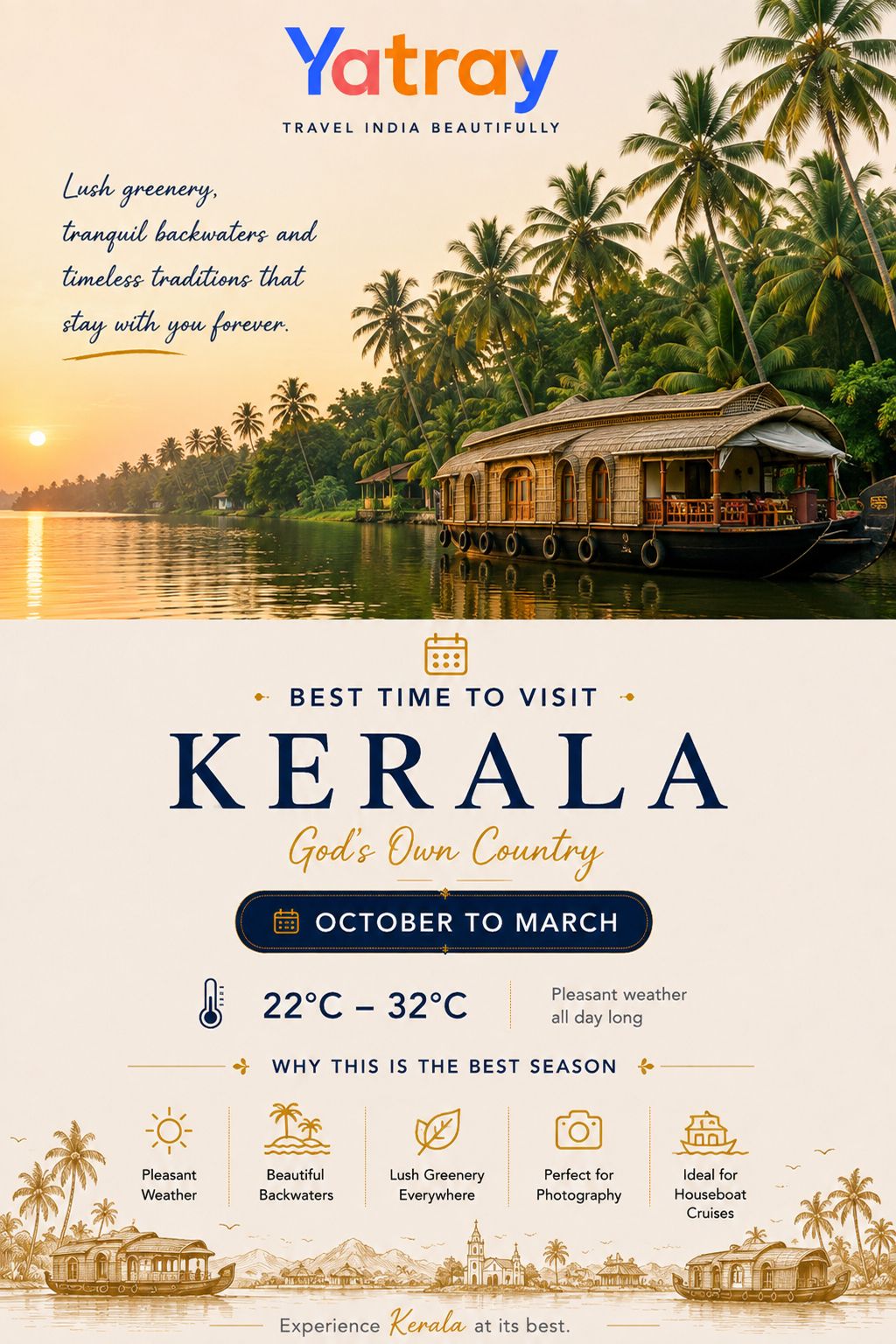 Sunny palm-lined backwater canal and houseboat floating in Kerala