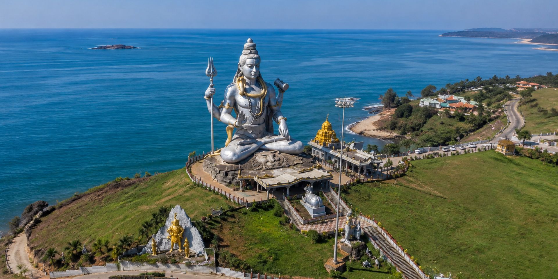 Panoramic 5-beach cliff trek trail overlooking turquoise Arabian Sea in Gokarna