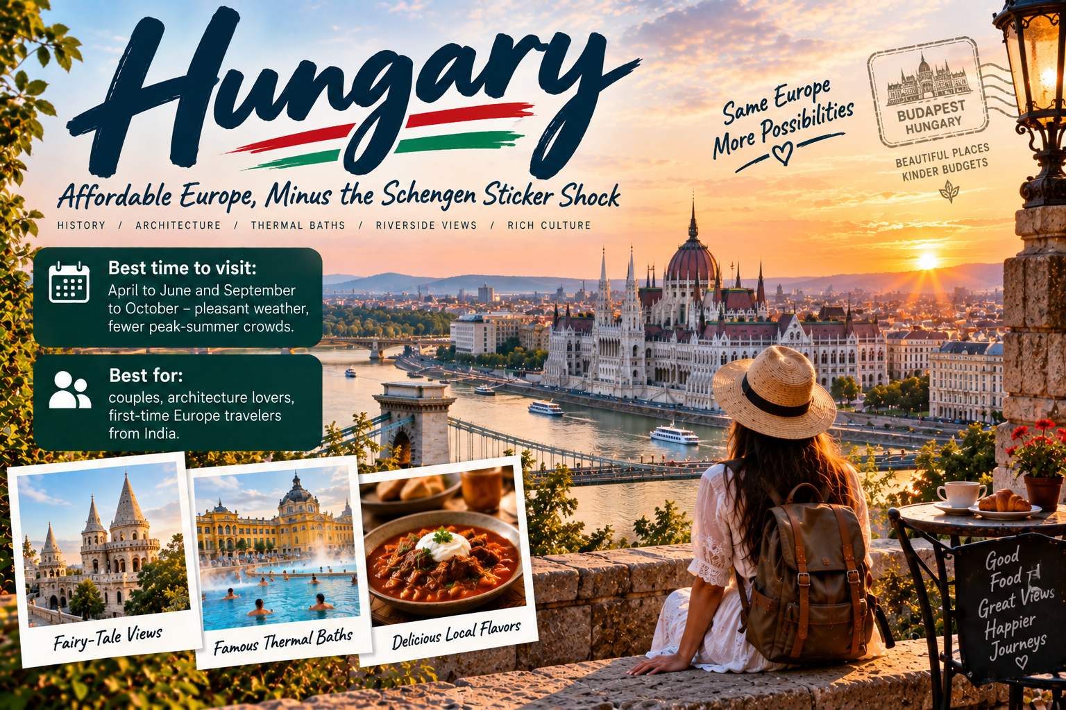 Budapest Hungary travel scene featuring the Danube River, Hungarian Parliament, Chain Bridge, thermal baths and a traveller