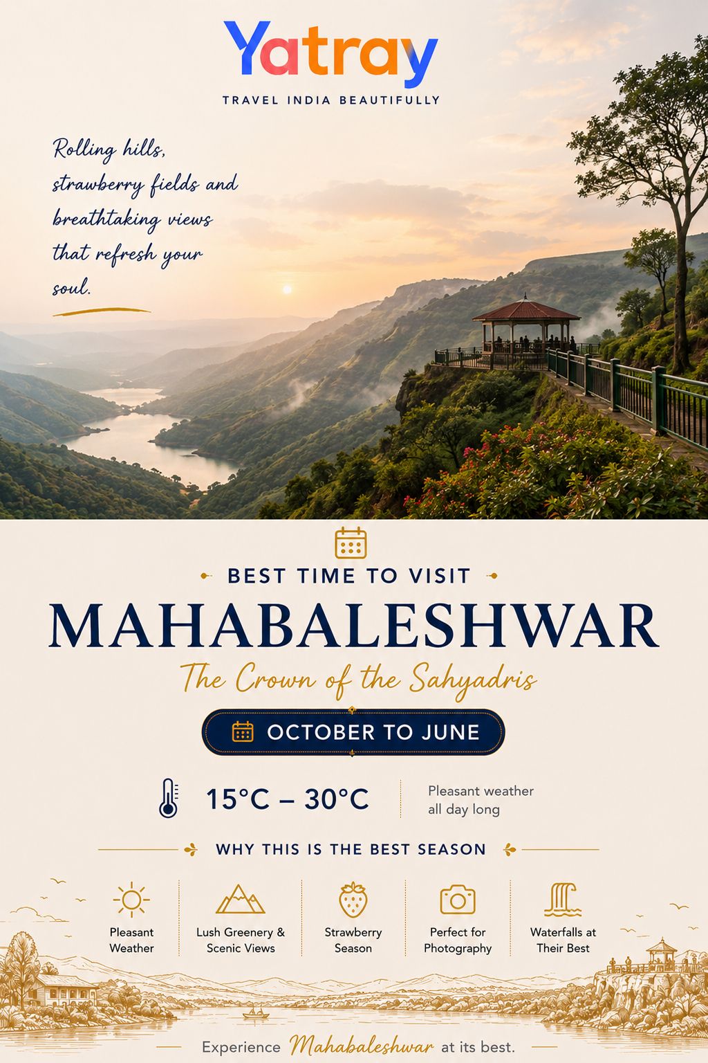 Misty Western Ghats mountain valley view during winter sunrise in Mahabaleshwar