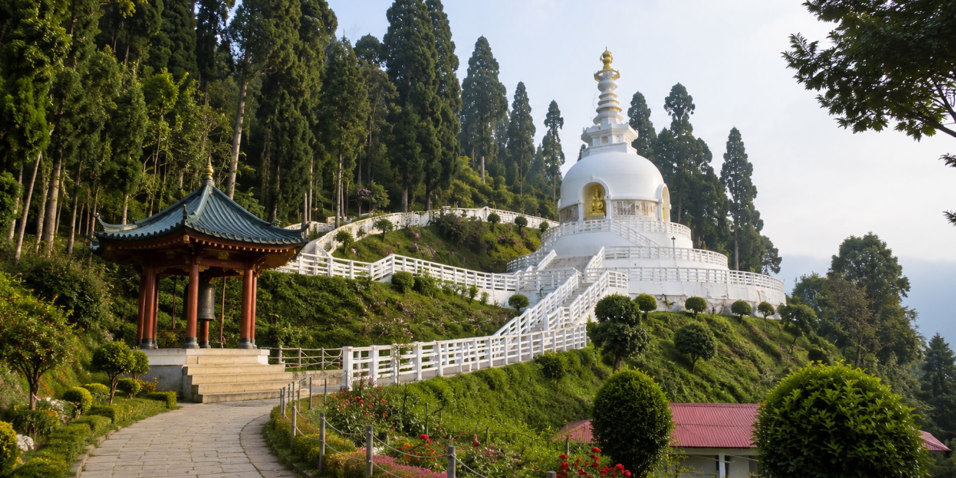 Pedestrian promenade of Chowrasta The Mall in Darjeeling with mountain views