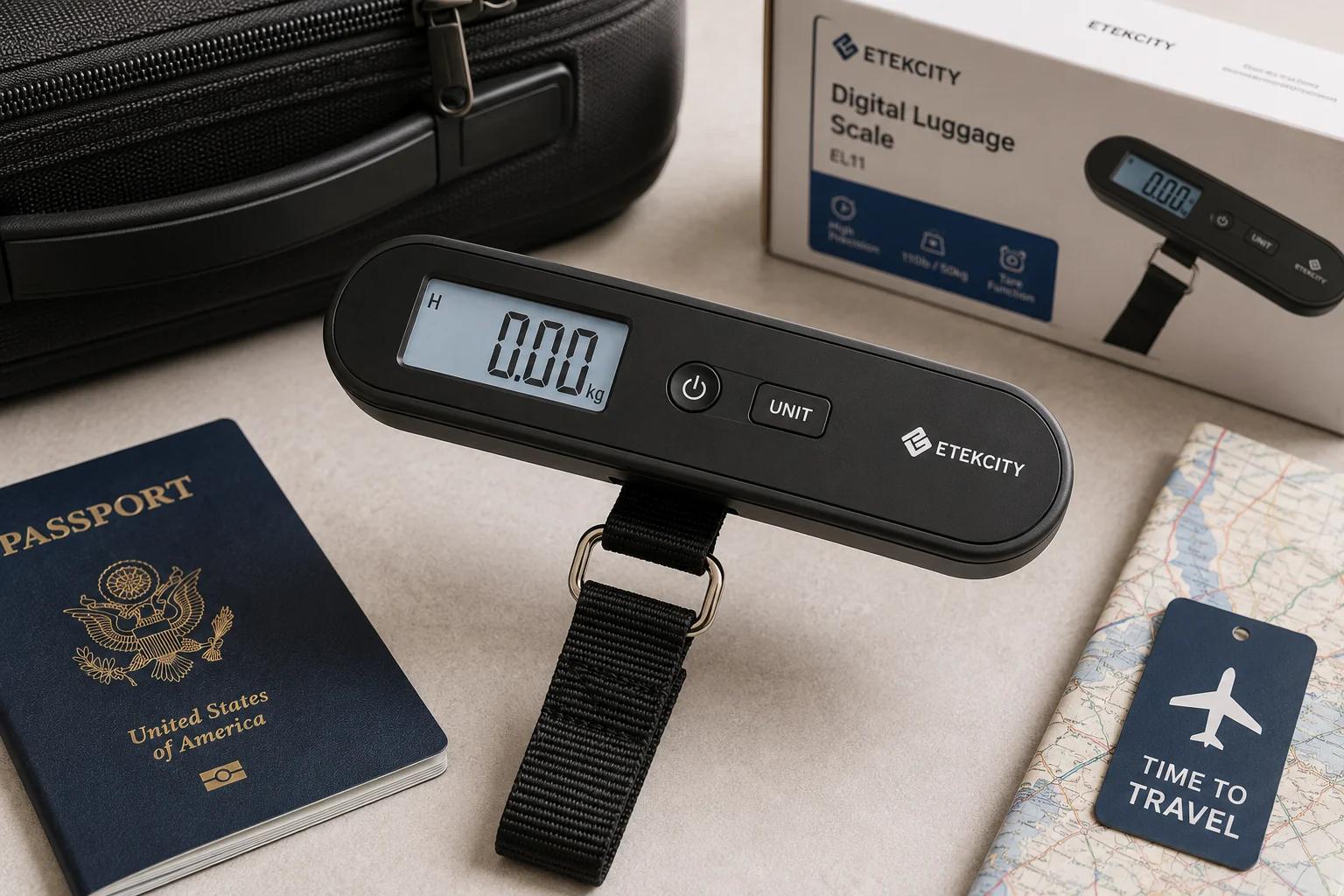 Portable digital luggage scale designed to check suitcase weight before airport check-in.
