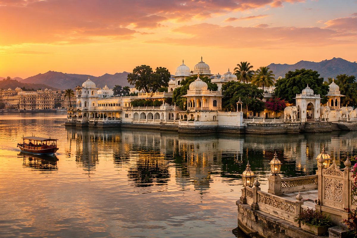 Jag Mandir island palace on Lake Pichola photographed at golden hour, Udaipur