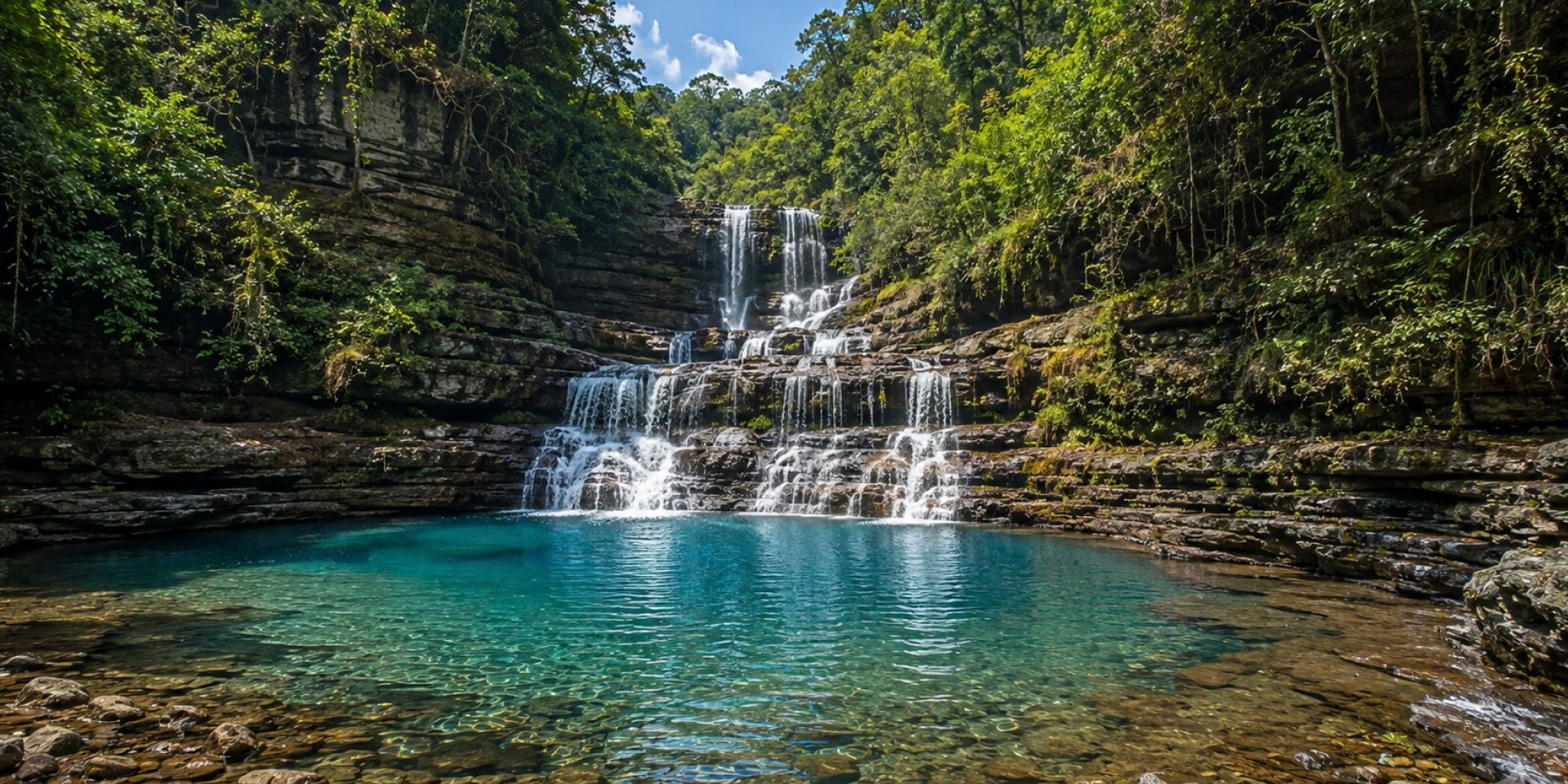 Panoramic green gorge view from Laitlum Canyons in East Khasi Hills Meghalaya